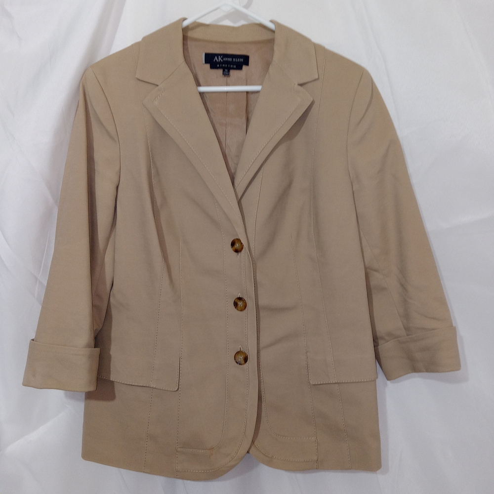 Anne Klein Women's Tan Blazer 14 Stretch Cotton Business Career 3 Button